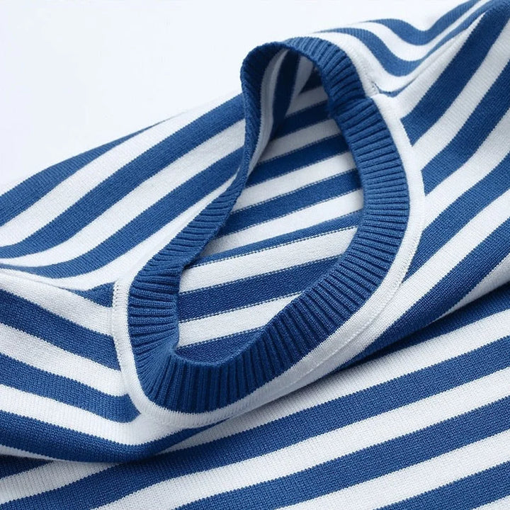 Women's striped summer long-sleeve tee shirt with relaxed crew-neck