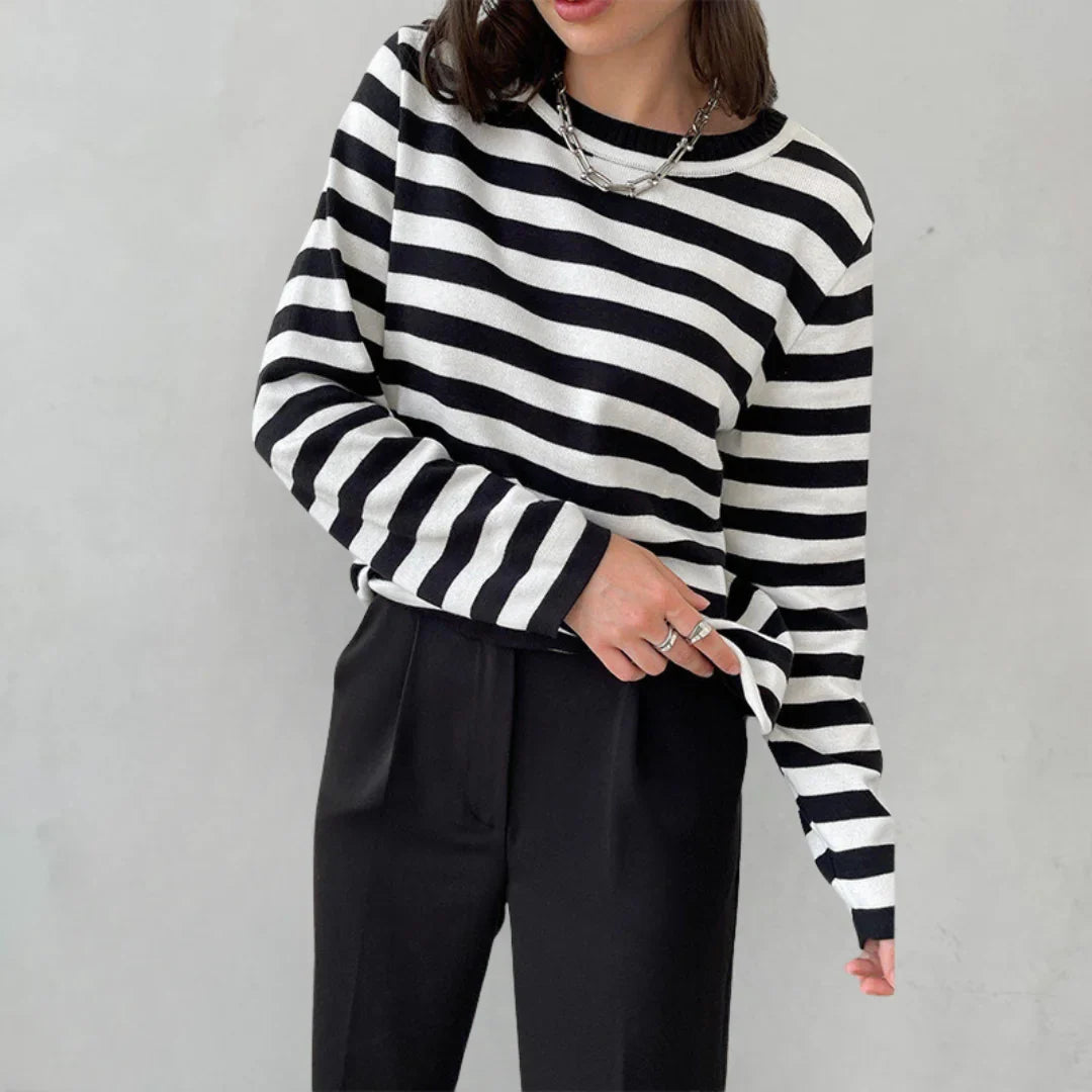Women's striped summer long-sleeve tee shirt with relaxed crew-neck