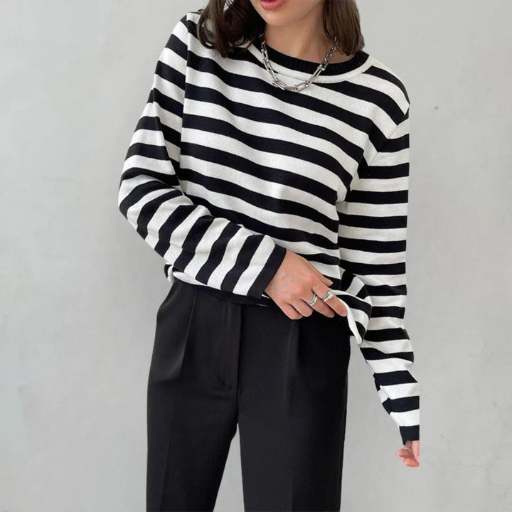 Women's striped summer long-sleeve tee shirt with relaxed crew-neck