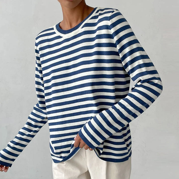 Women's striped summer long-sleeve tee shirt with relaxed crew-neck
