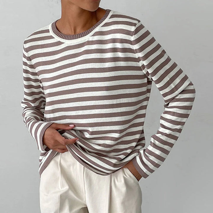 Women's striped summer long-sleeve tee shirt with relaxed crew-neck