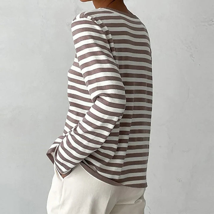 Women's striped summer long-sleeve tee shirt with relaxed crew-neck