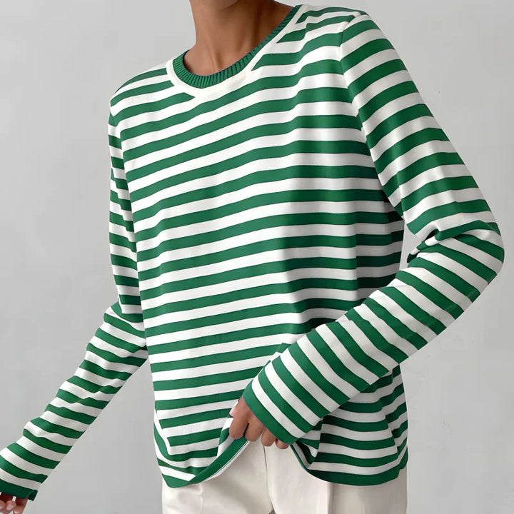 Women's striped summer long-sleeve tee shirt with relaxed crew-neck