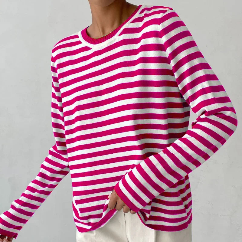 Women's striped summer long-sleeve tee shirt with relaxed crew-neck