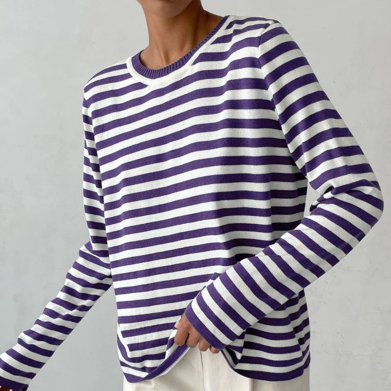 Women's striped summer long-sleeve tee shirt with relaxed crew-neck