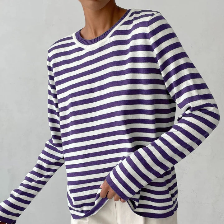 Women's striped summer long-sleeve tee shirt with relaxed crew-neck