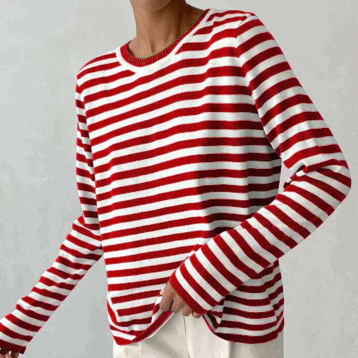 Women's striped summer long-sleeve tee shirt with relaxed crew-neck