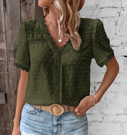 Women's Swiss dot short-sleeve V-neck blouse with lace paneling