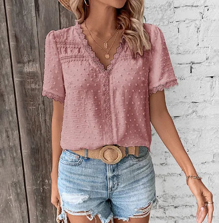 Women's Swiss dot short-sleeve V-neck blouse with lace paneling