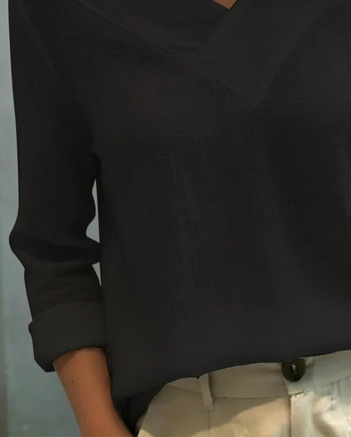 Women's textured long-sleeve top with asymmetric V-neck