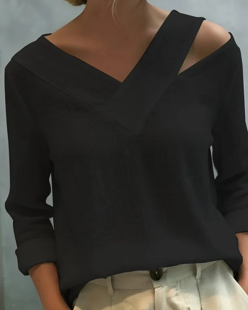 Women's textured long-sleeve top with asymmetric V-neck