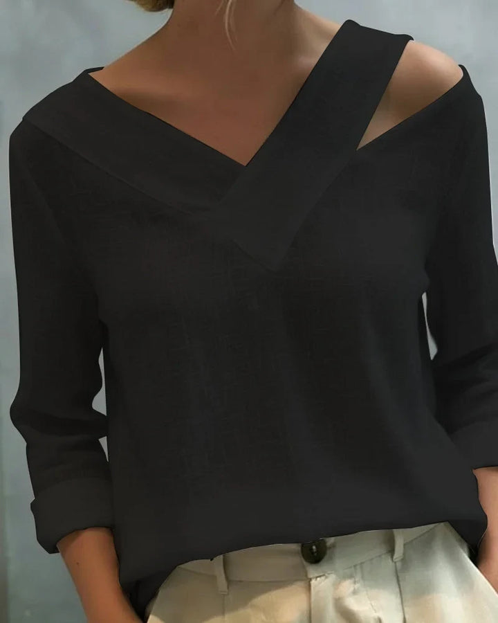 Women's textured long-sleeve top with asymmetric V-neck