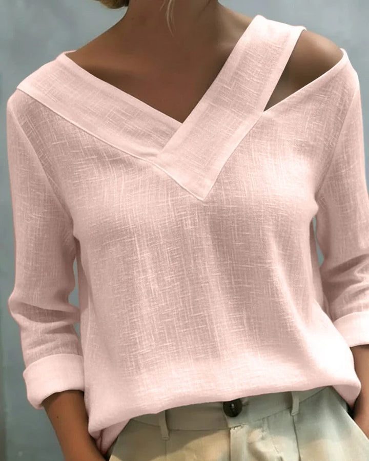 Women's textured long-sleeve top with asymmetric V-neck