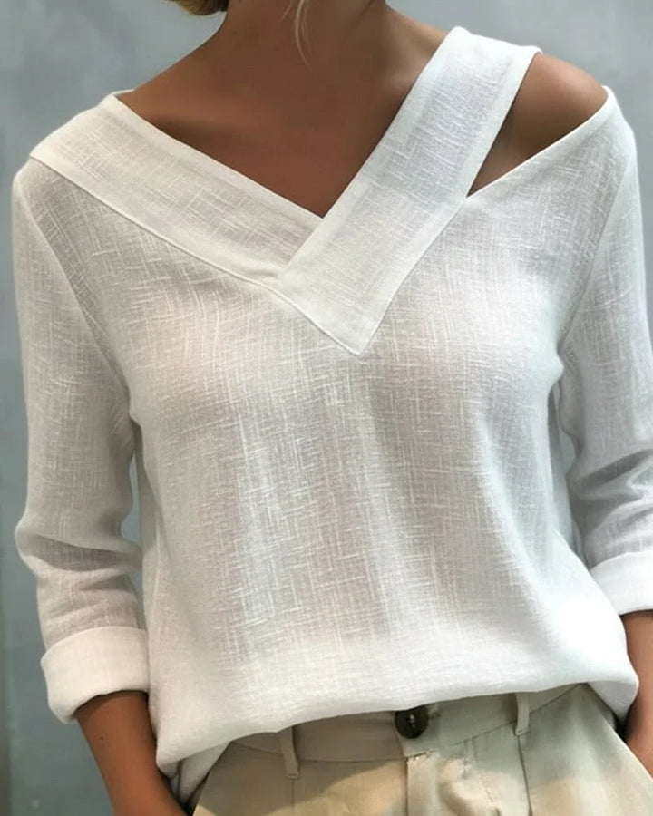 Women's textured long-sleeve top with asymmetric V-neck