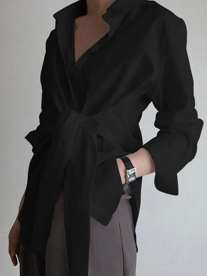 Women's tie-waist button-down long-sleeve shirt blouse with V-neck collar