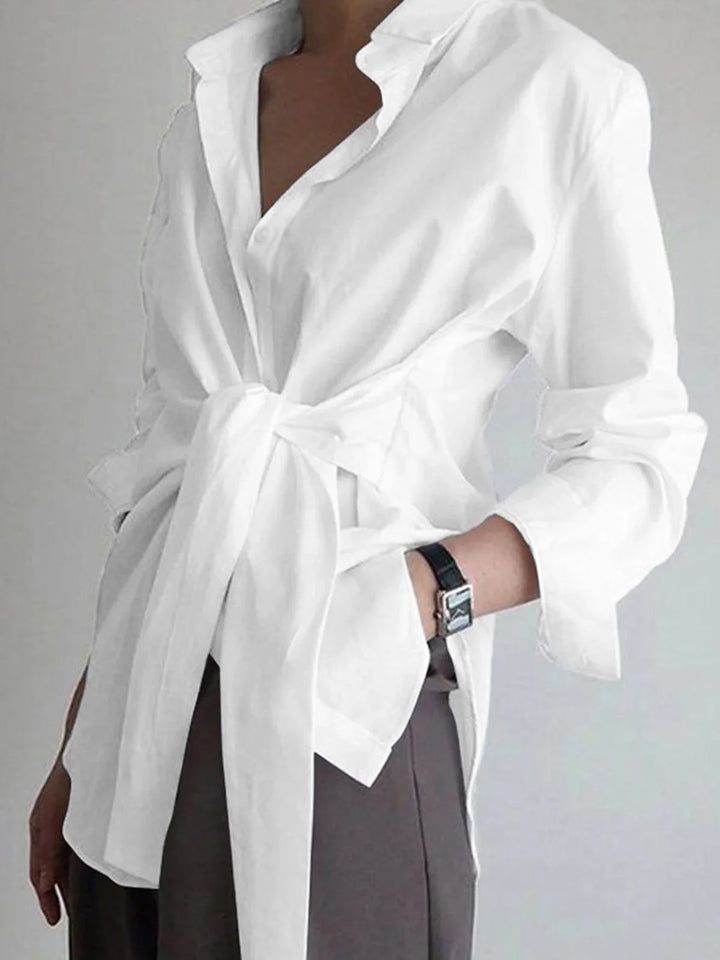 Women's tie-waist button-down long-sleeve shirt blouse with V-neck collar