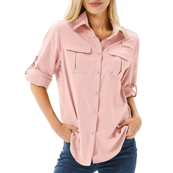 Women's UPF 50 long roll-up sleeve hiking safari shirt with zip pockets