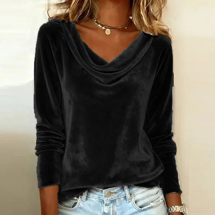 Women's velvet relaxed-fit top with drape-neck long-sleeves