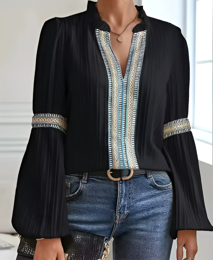 Women's vintage embroidered ribbed blouse with ruffle V-neck and balloon sleeves