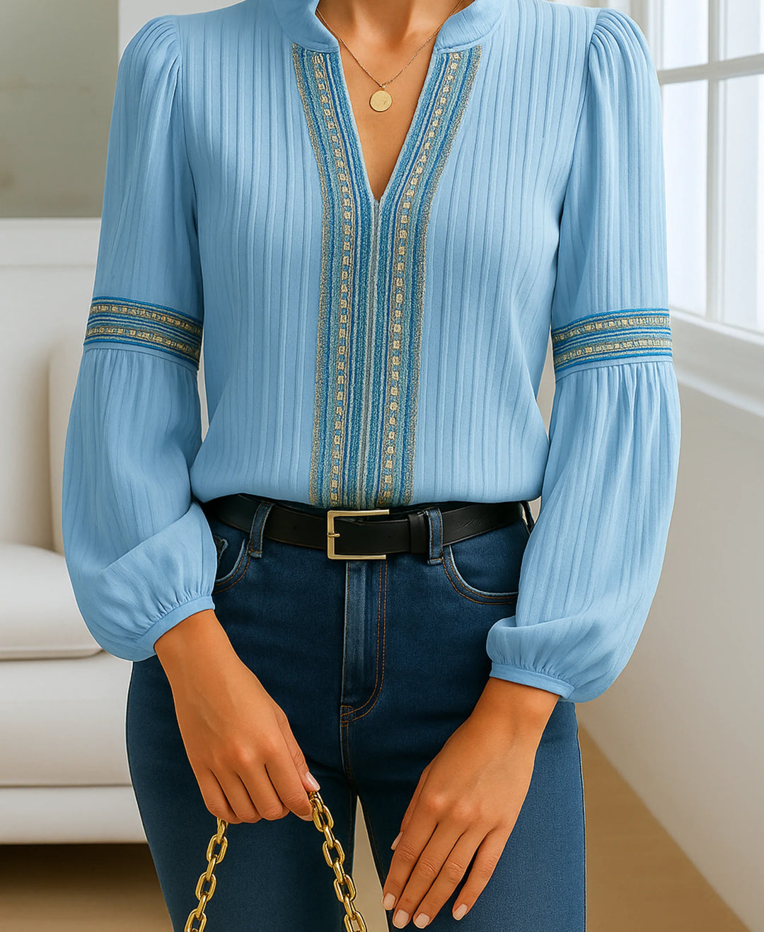 Women's vintage embroidered ribbed blouse with ruffle V-neck and balloon sleeves