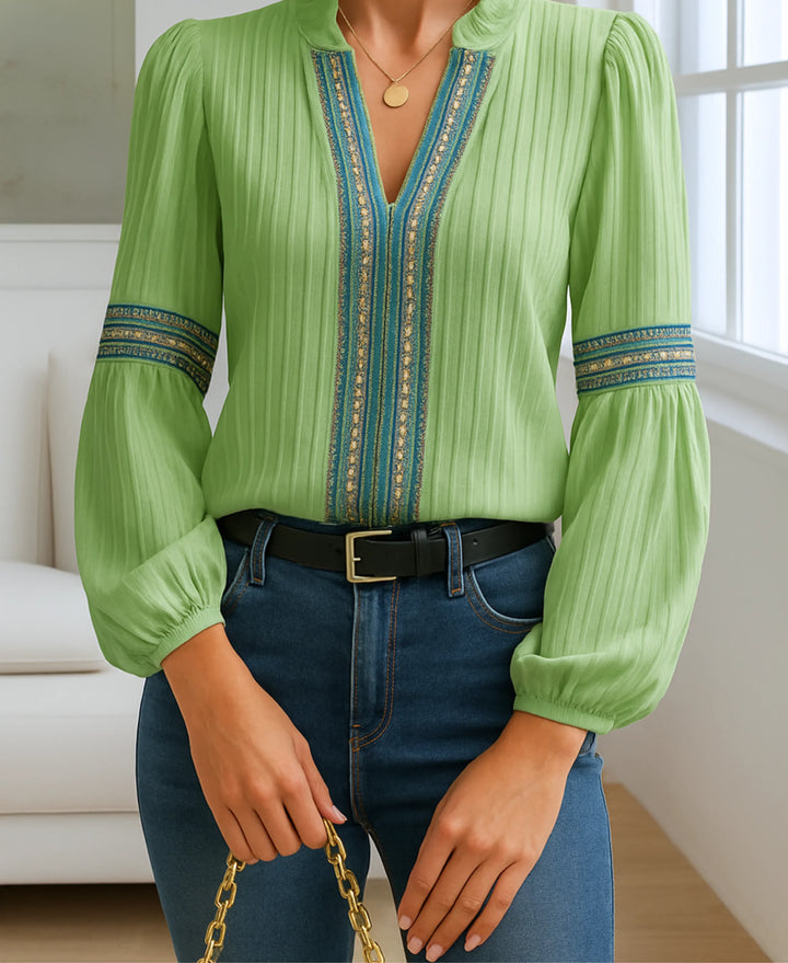 Women's vintage embroidered ribbed blouse with ruffle V-neck and balloon sleeves