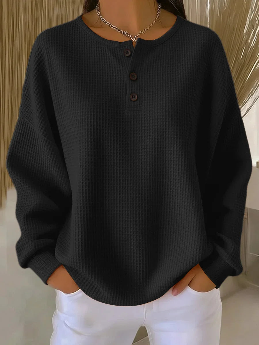 Women's waffle knit long sleeve tee shirt with Henley button placket