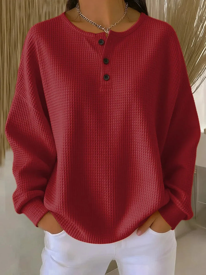 Women's waffle knit long sleeve tee shirt with Henley button placket