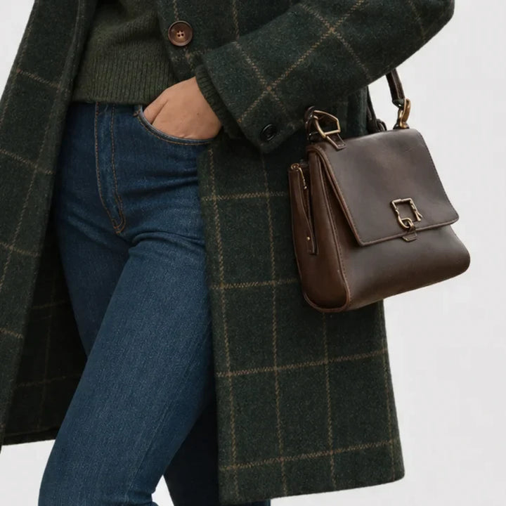 Women's warm blend checkered wool coat with button-front and lapel collar