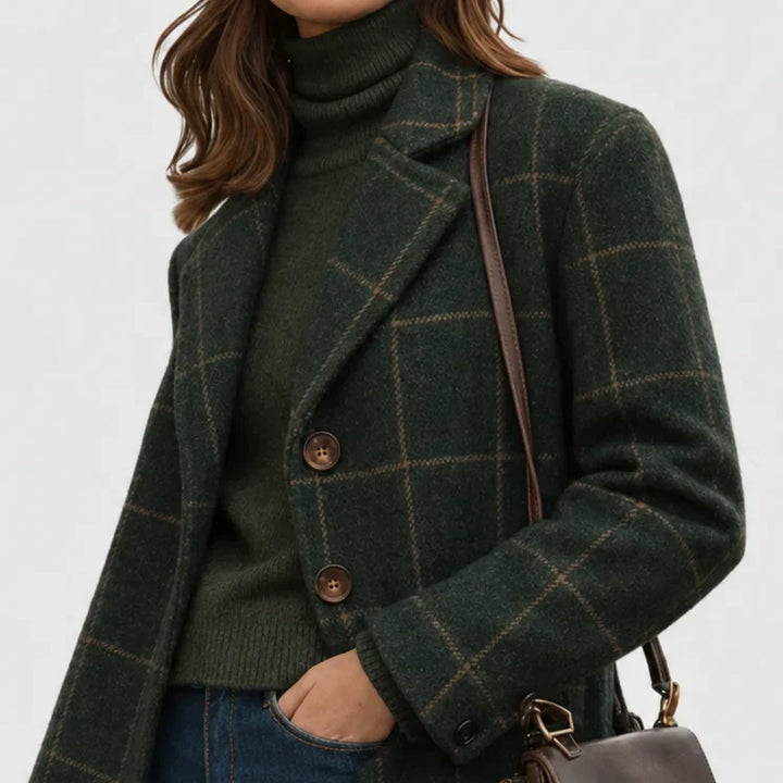 Women's warm blend checkered wool coat with button-front and lapel collar