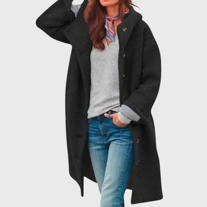 Women's warm classic long hooded textured wool coat with button-front