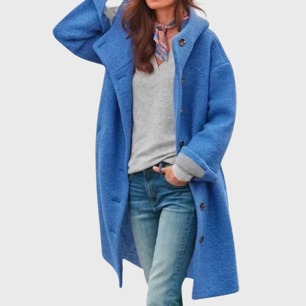 Women's warm classic long hooded textured wool coat with button-front