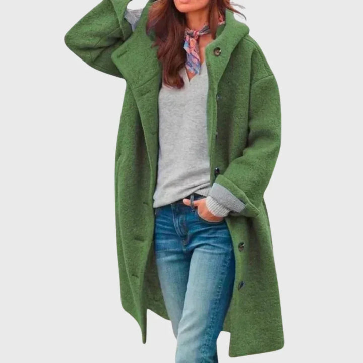 Women's warm classic long hooded textured wool coat with button-front