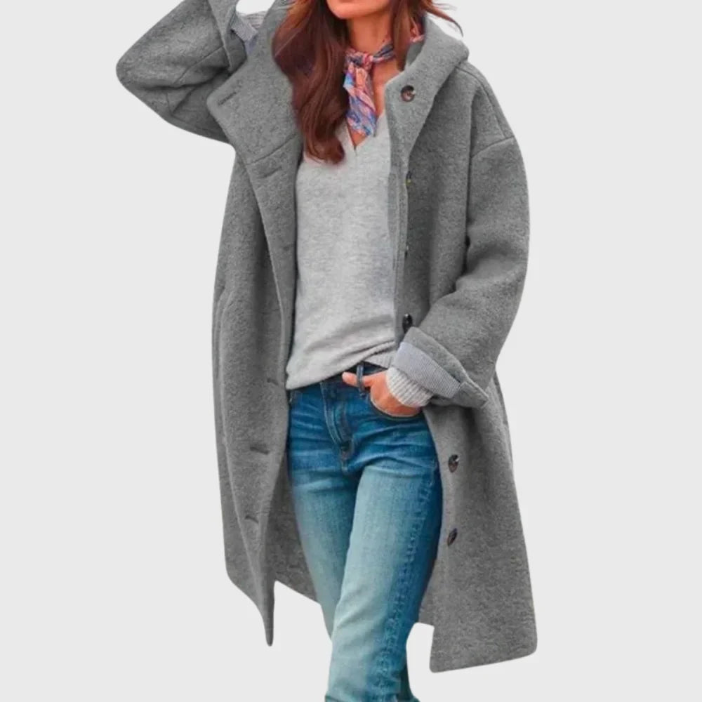 Women's warm classic long hooded textured wool coat with button-front