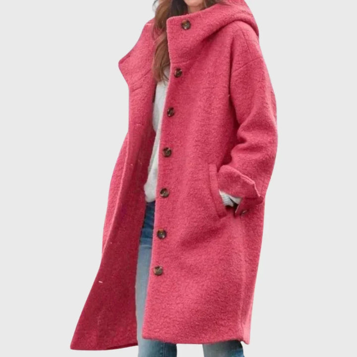 Women's warm classic long hooded textured wool coat with button-front