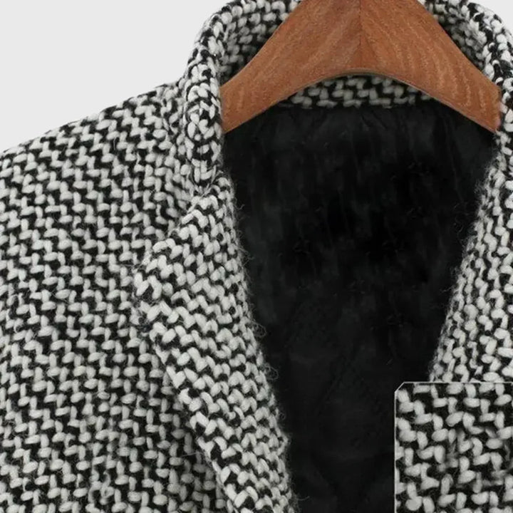Women's warm winter houndstooth mid-length wool coat with quilted lining