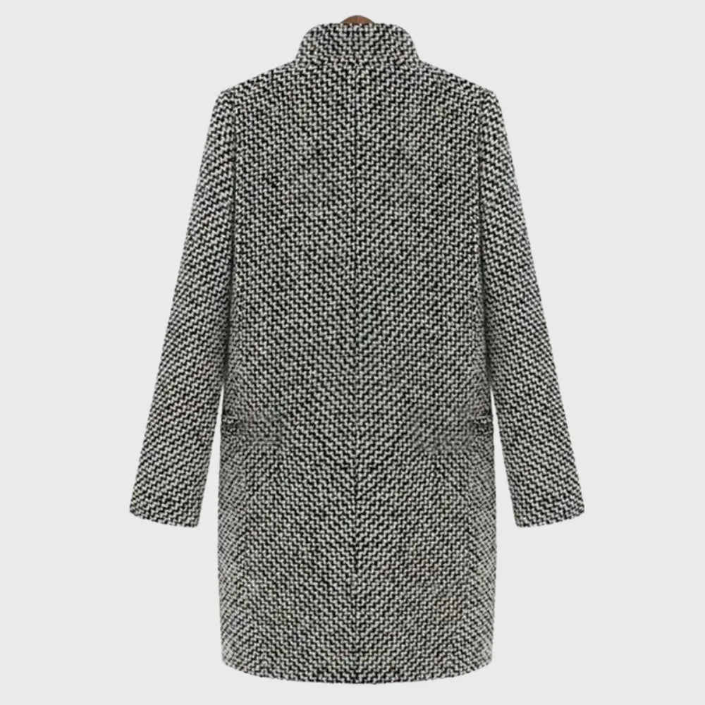 Women's warm winter houndstooth mid-length wool coat with quilted lining