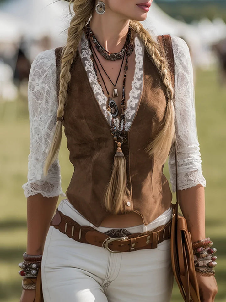 Women's western lace long sleeve blouse with high-neck collar and ruffled cuffs